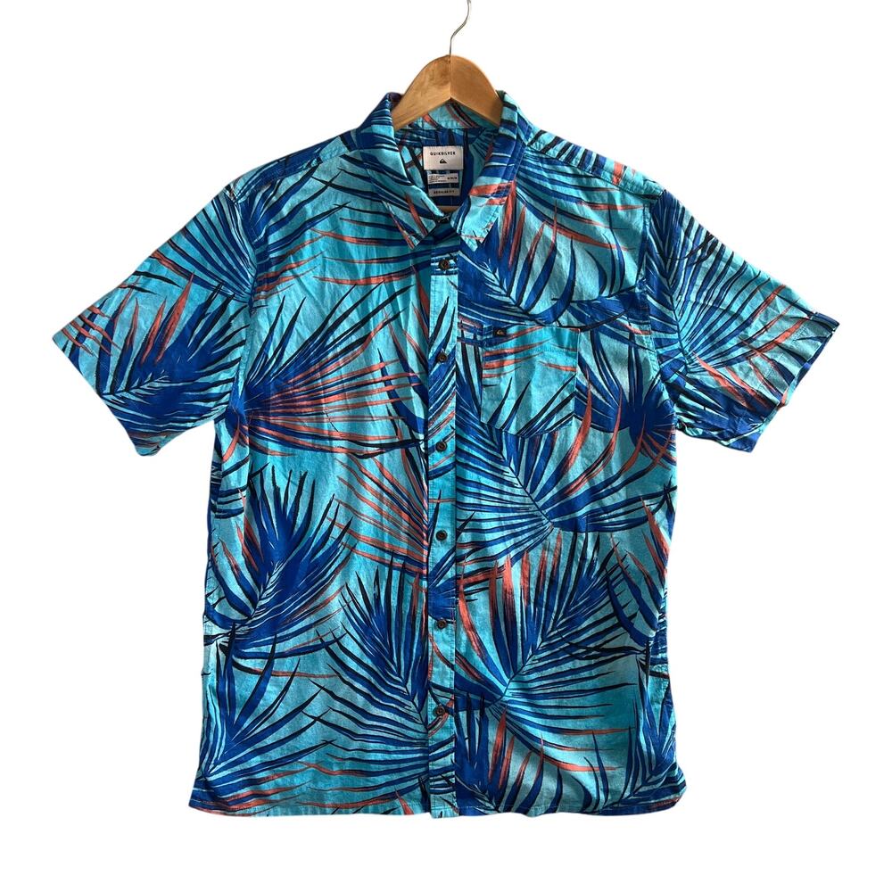 Quiksilver Tropical Palm Button Up Shirt Men’s M Blue Teal Hawaiian Surf